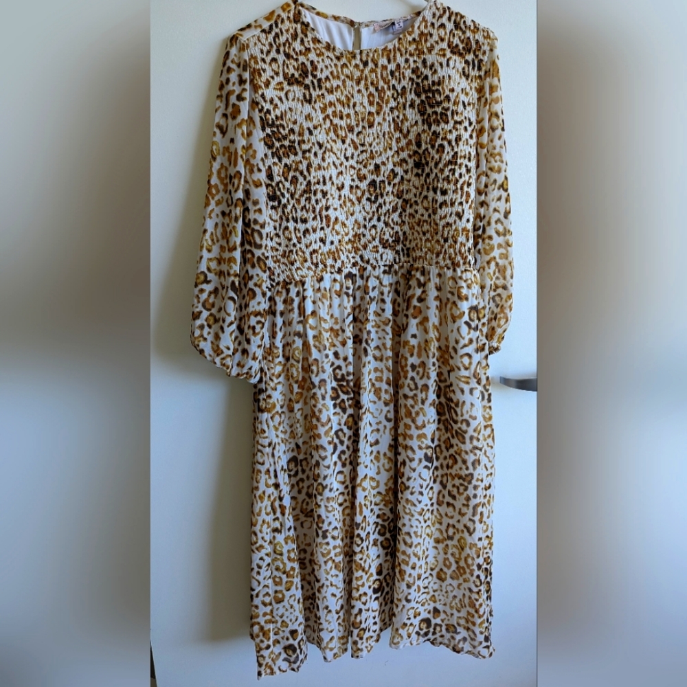Midi Dress: Gathered Waist, Animal Print, Lined, 3/4 sleeve, XL